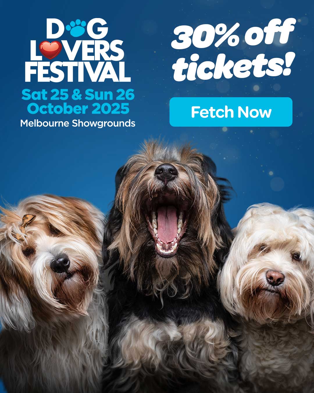 Dog Lover's Festival 2025 Tickets promo showing three cute dogs